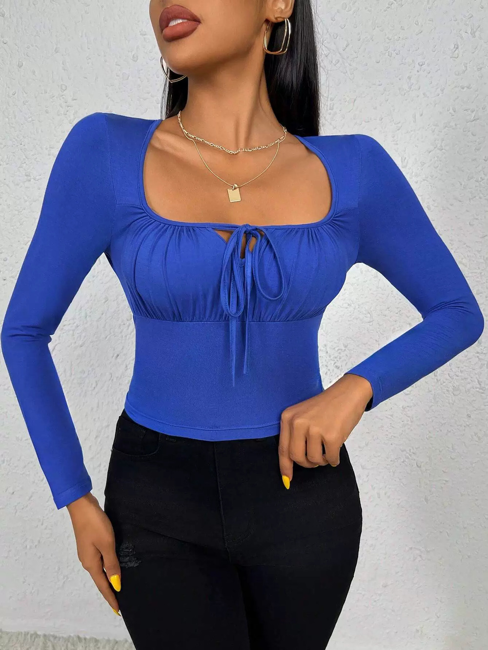 ZARA Spring Summer Slim Fit Square Neck Solid Long Sleeve Cropped T-Shirt